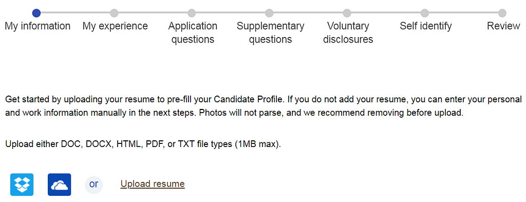 An employment application form with steps/progression indicators