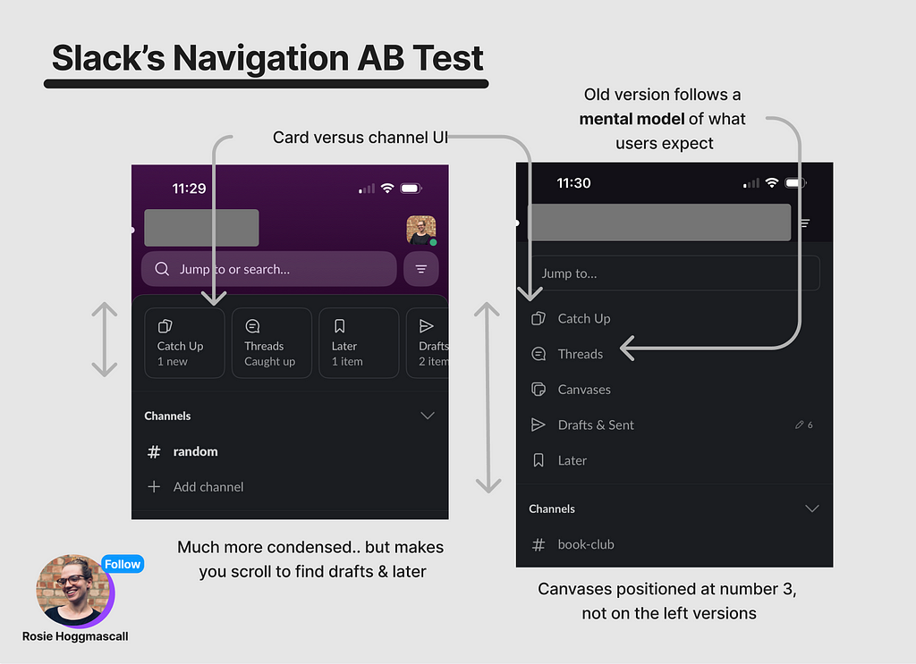 Slack’s navigation AB test, two screenshots showing different UI