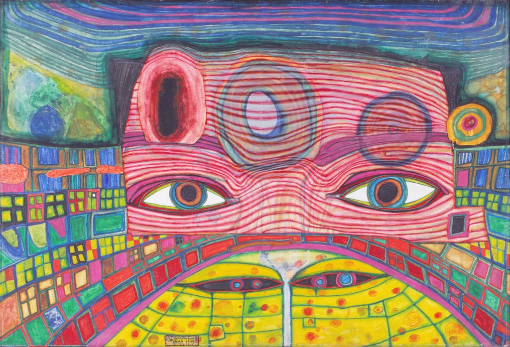 A surreal painting of a cinema. A pair of blue eyes stare into the audience. The walls are covered in swirls of blue and yellow hues. The seats for the audience are yellow.