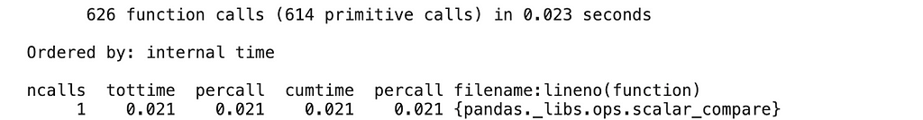 Output of %%prun magic command with pandas._libs.ops.scalar_compare as a top bottleneck