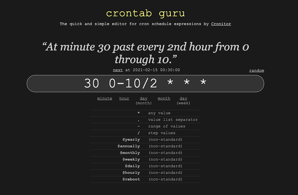 An overview of crontab guru, showing an example of a Cron schedule expression