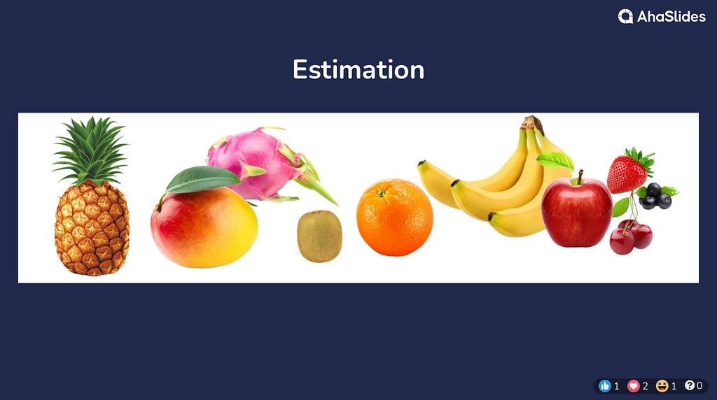 Estimation. A pineapple, mango, dragonfruit, strawberry, orange, cherries, kiwi fruit, bananas, apple and blackcurrents.