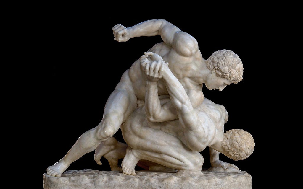 A replica of The Pancrastinae, an ancient sculpture from 3rd century BC depicting two pankration fighters.