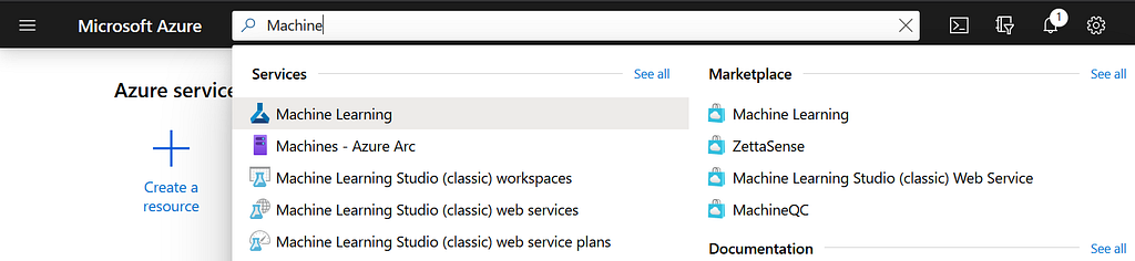 azure portal search for machine learning — azure virtual machine
