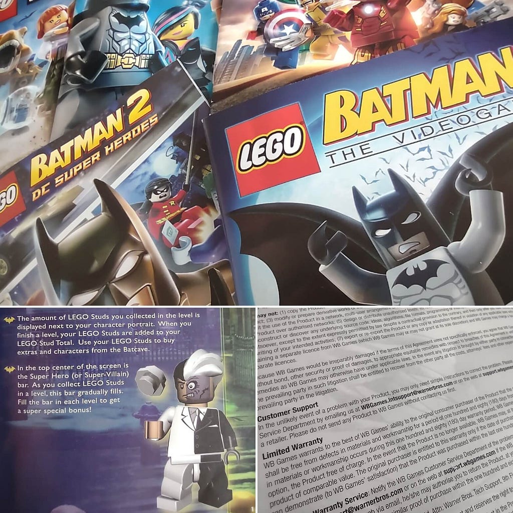 A collage of various photographs taken of the game manuals featured in the Lego franchise of games