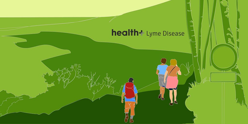 Three people walking on a trail in hiking clothes, surrounded by greenery. At the center is the title “health+ Lyme Disease.”