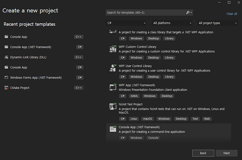 Visual Studio interface showing various project templates for creating new applications, highlighting Console App, Dynamic-Link Library, and Windows Forms App options for C++ and C# languages, showcasing the initial steps of setting up a development environment. Create a .Net Framework project. In this tutorial, we are using .Net Framework 4.7.2. The project name is set to YoloCSharpInference.
