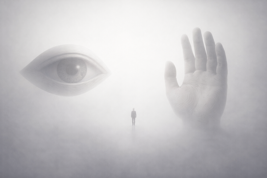 A tiny human figure standing between a giant eye and an open hand suspended in the mist, rendered in tones of white.