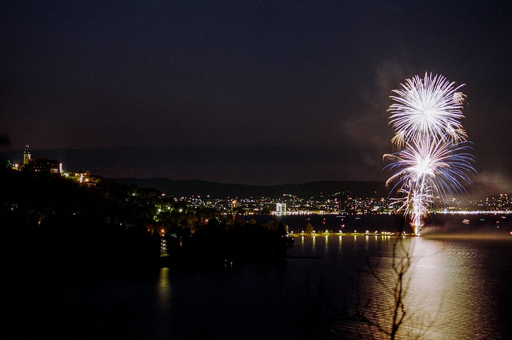 Fireworks explode above a bridge over a river. In the background city lights gleam.