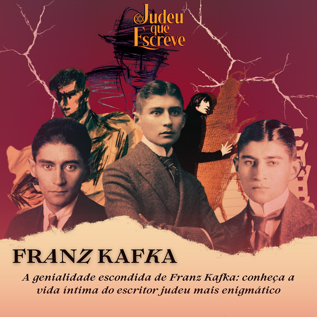 A imagem é uma capa vibrante e promocional da Judeu que Escreve”. O texto grande na parte inferior da capa diz “Franz Kafka”. Abaixo do nome de Kafka, há texto descritivo: “A genialidade escondida de Franz Kafka: conheça a vida íntima do escritor judeu mais enigmático”. O design sugere uma mistura de estilos moderno e vintage com um fundo vermelho que inclui padrões que lembram fraturas ou descargas elétricas. No fundo, ilustrações e fotografias de Kafka.