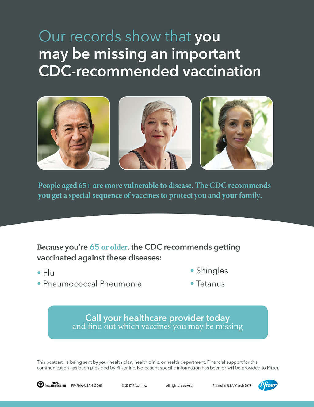 Card with three smiling faces. Headline: “Our records show that you may be missing an important CDC-recommended vaccination”