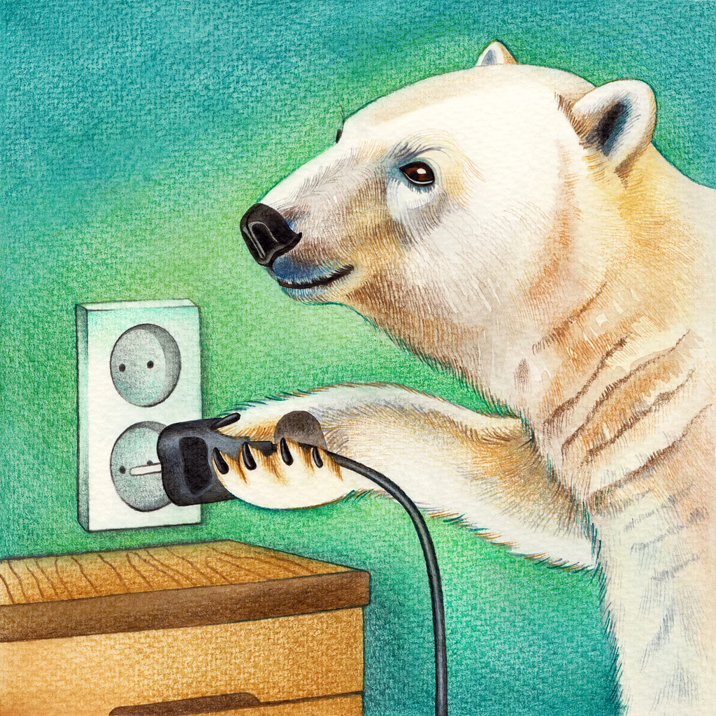 An whimsical illustration of a polar bear plugging an electrical cord into a wall outlet. The bear is standing upright, using its paw to insert the plug. The image has a textured, painterly quality with a teal and green background. The bear’s fur is detailed with subtle shading, and its face is shown in profile with a curious expression. A wooden surface is visible in the foreground, suggesting an interior setting.