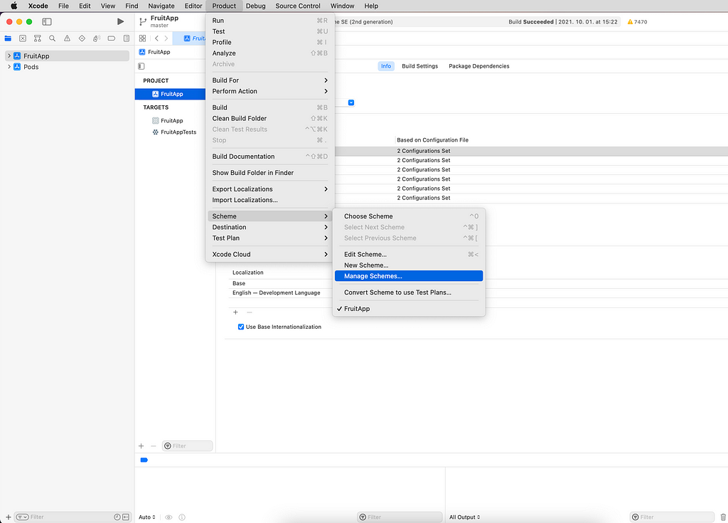 Xcode, manage schemes menu