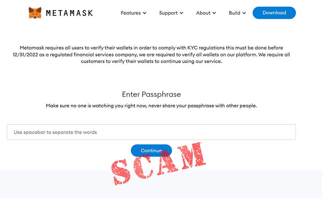 Fake MetaMask website asks you to enter your wallet passphrase.