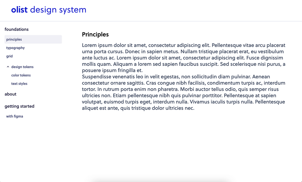 Print da prova de conceito da documentação. O site possui logo em azul no topo, um menu lateral e um texto de marcação no centro.