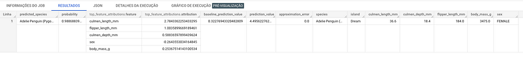 Imagem mostrando o exemplo de predição e os pesos de cada variável para a predição.