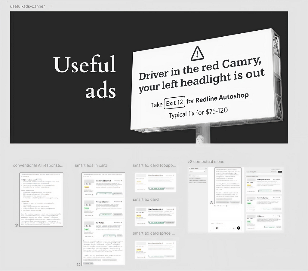 Figma canvas showing a large black banner with a white roadside billboard mockup that reads “Driver in the red Camry, your left headlight is out. Take Exit 12 for Redline Autoshop. Typical fix for $75–120,” alongside the words “Useful ads,” with smaller UI mockups beneath illustrating conventional and “smart” AI ad responses and contextual panels.