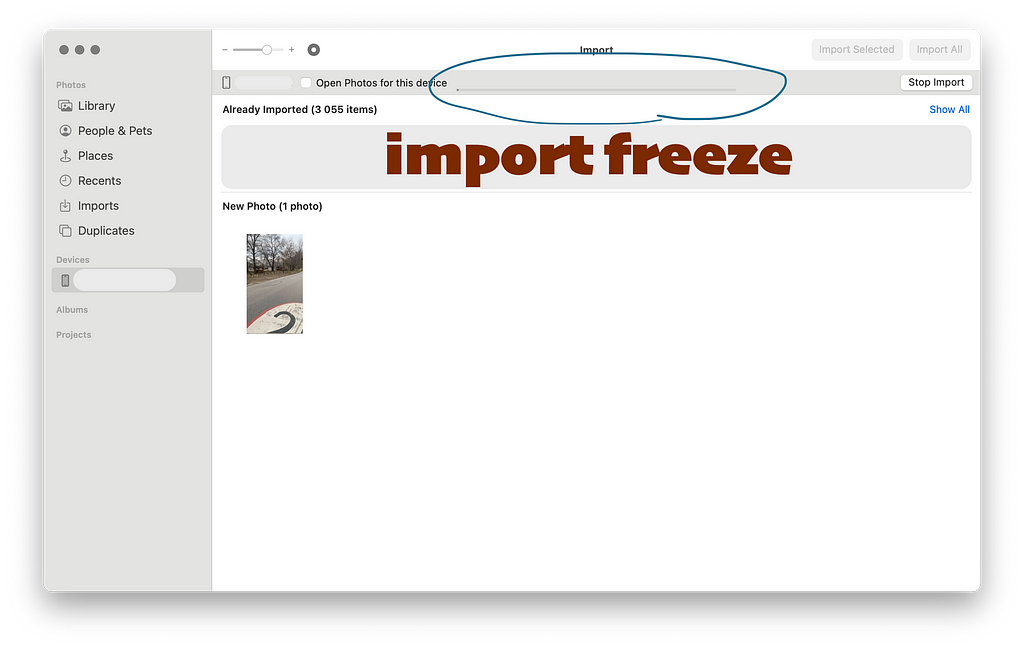 Why does import freeze when transferring files from iPhone to macOS?