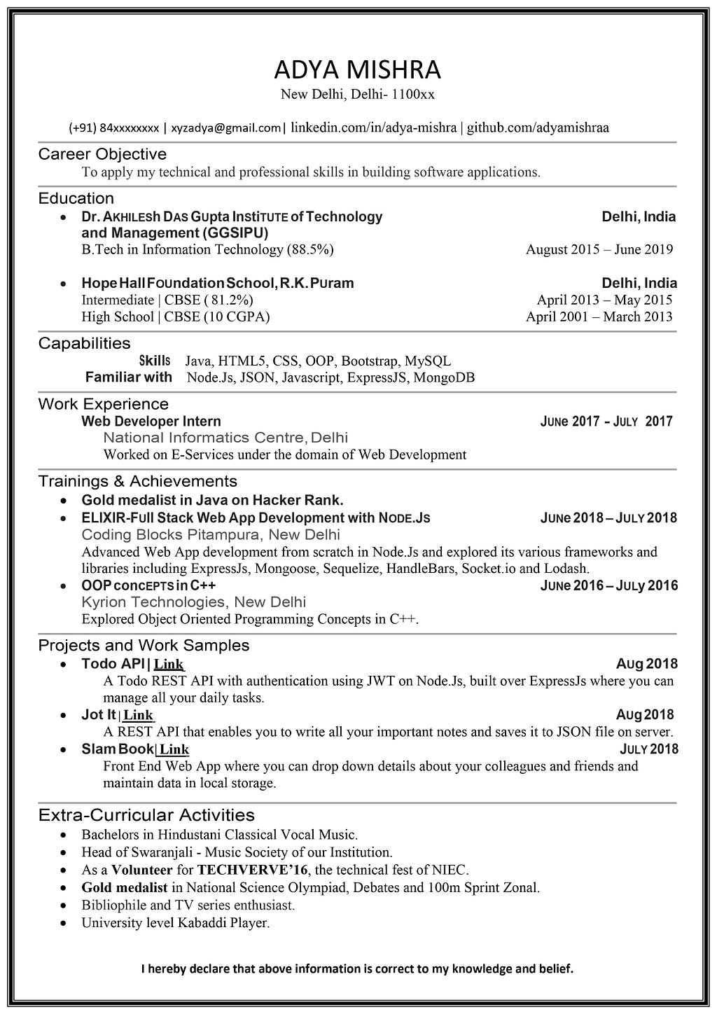 My own Resume as Sample