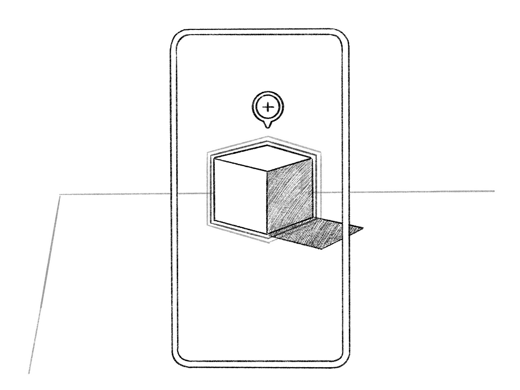 Sketch of an AR experience on a phone. There is a box being viewed through the phone with an outline and a UI bubble