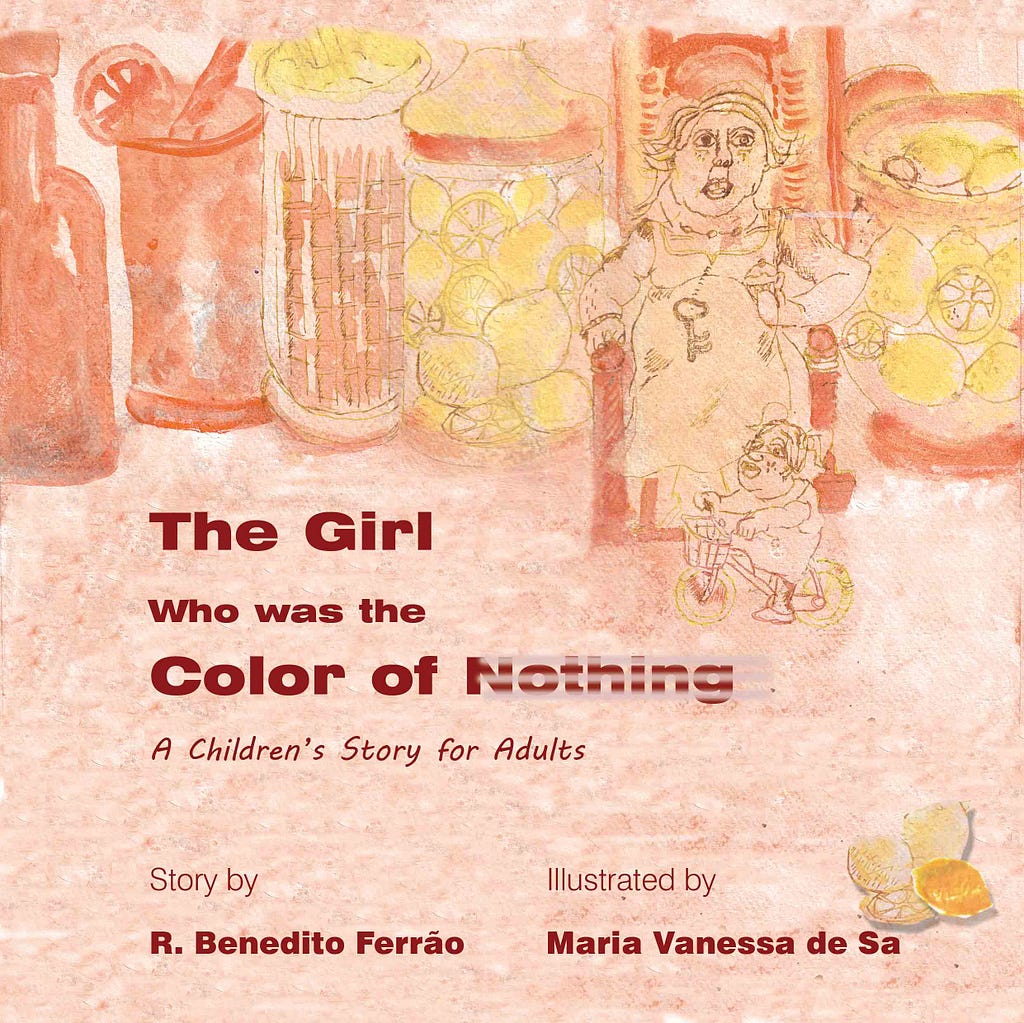 The cover of The Girl Who Was the Color of Nothing. It has a pink background with illustrations of jars with lemons and two female figures, younger and older.