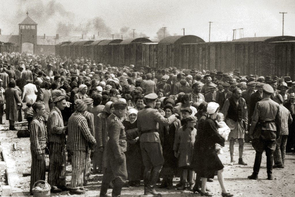 “The ramp at Auschwitz II-Birkenau in German-occupied Poland, around May 1944.”