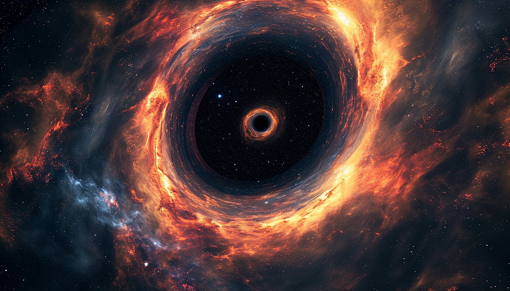 An AI image of a blackhole, there’s a circular aura around it representing the event horizon and a black space in the middle