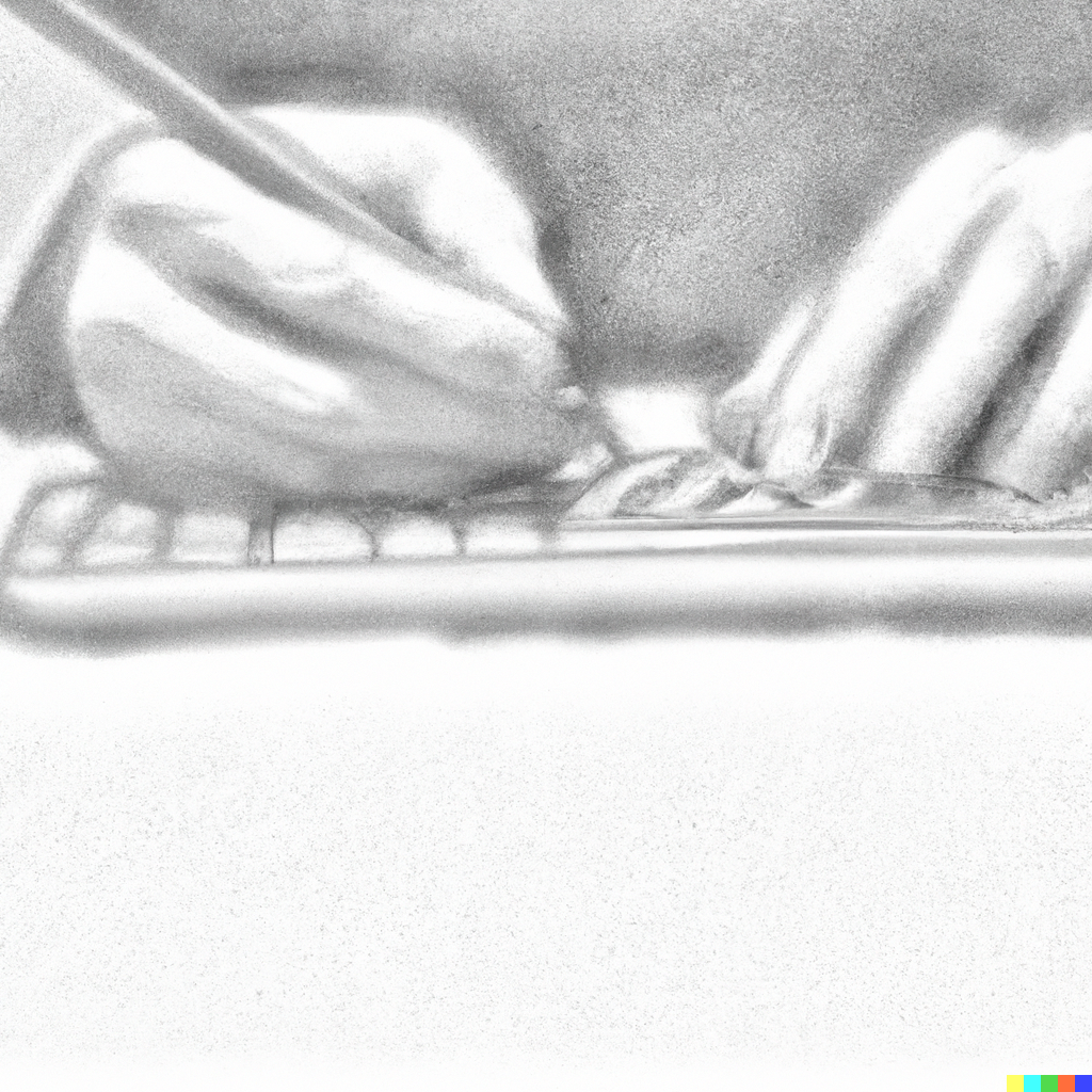 Pencil drawing of a person sitting at a computer.
