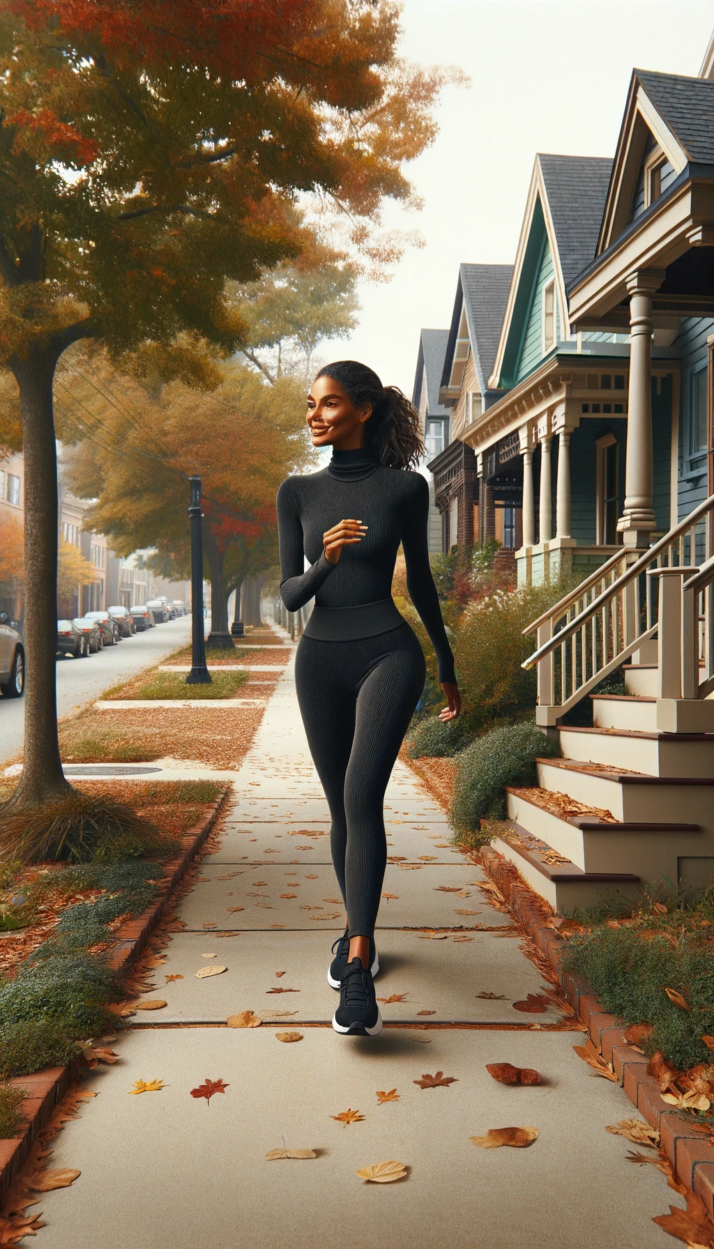 Black woman in her 40s enjoys a reflective walk among the charming streets of downtown Greenville, South Carolina, surrounded by the vibrant colors of autumn.