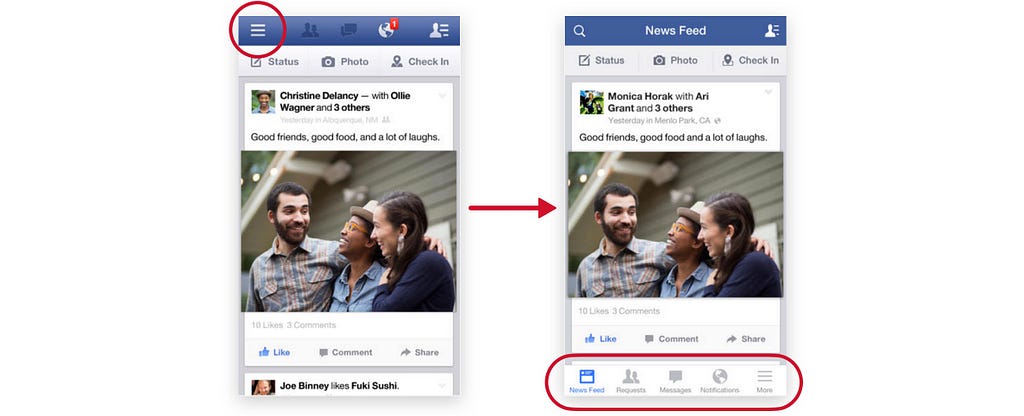 Screenshots of Facebook app before and after migration from Hamburger to Bottom Navigation.