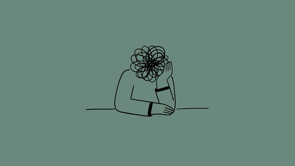 An illustration (black outline on green background) of a pensive character, whose head is full of chaotic thoughts, represented by tangled line threads.