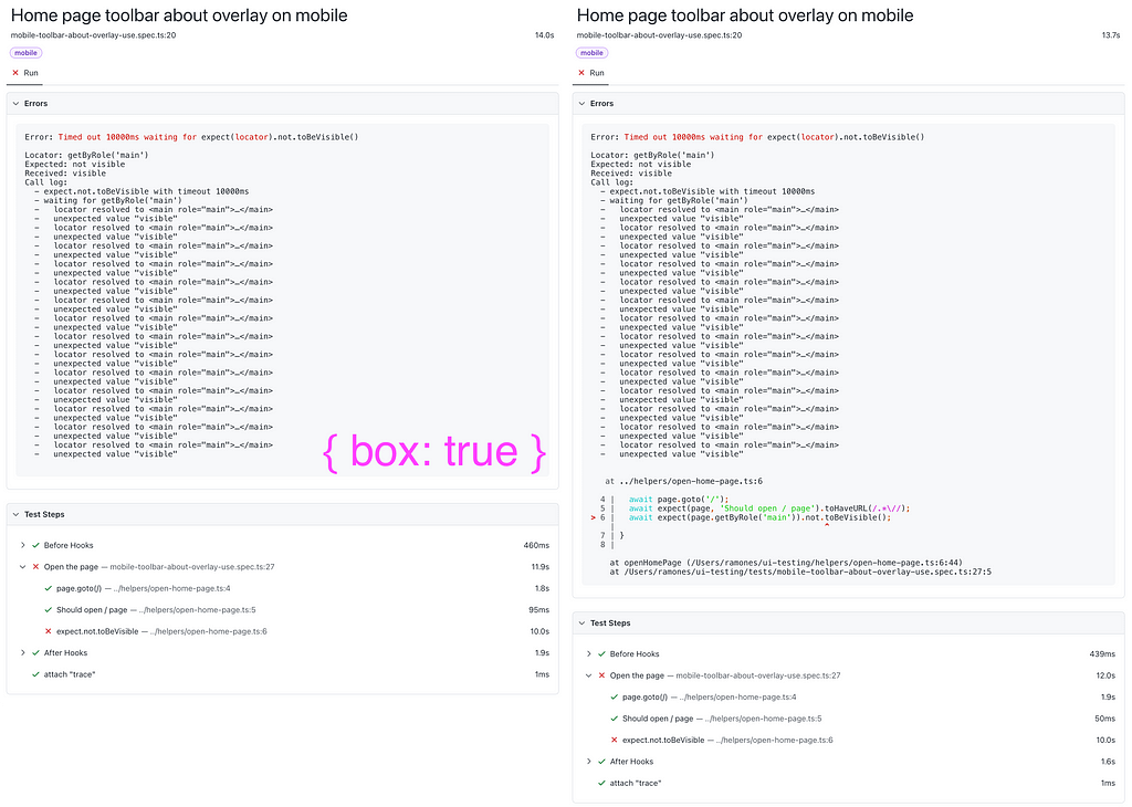 HTML report: on the left — {box: true}, on the right is an ordinary test step