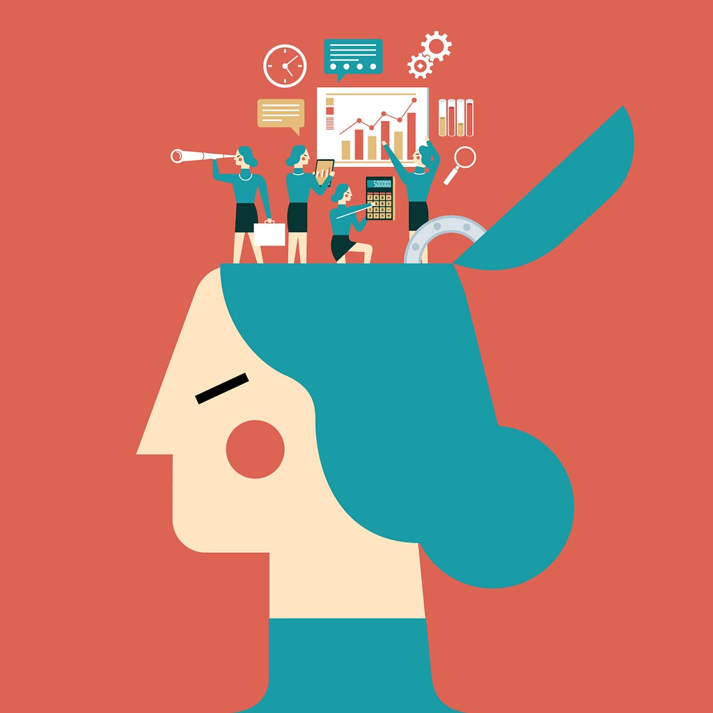 Illustration of a woman with little avatars in her open head working on various tasks