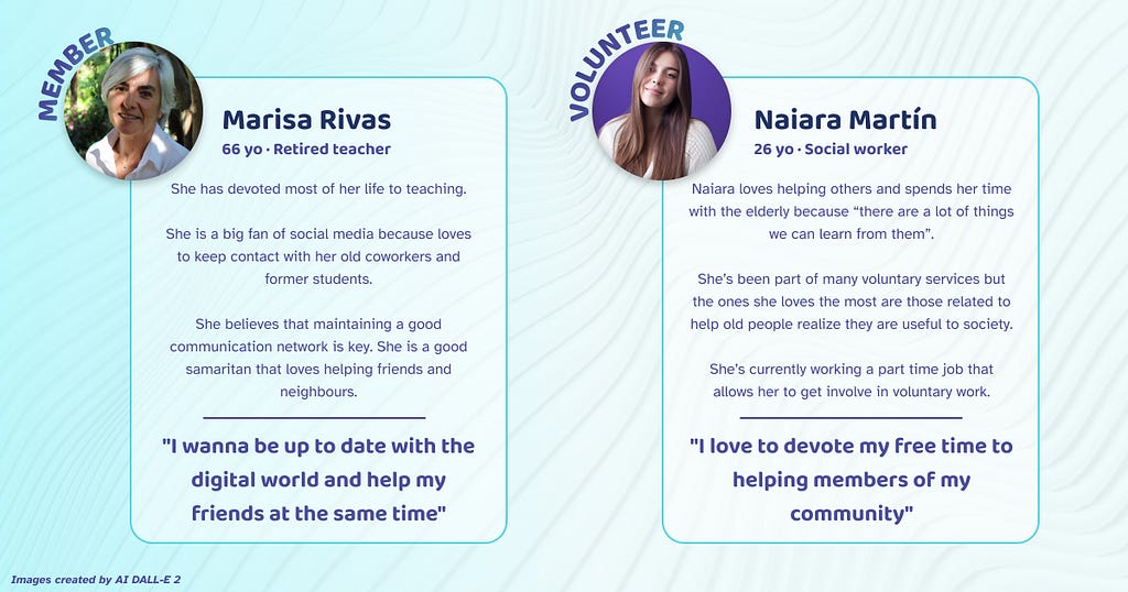 A digital image with two user profiles, talking about what kind of users we have, the member and the volunteer and how they behave. Both pictures has been generated using the IA DALL-E 2. The text is almos the same of the one from the article