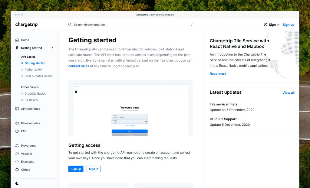 Chargetrip Developer Portal showing the all new ‘Getting started’ guide on a photo background.
