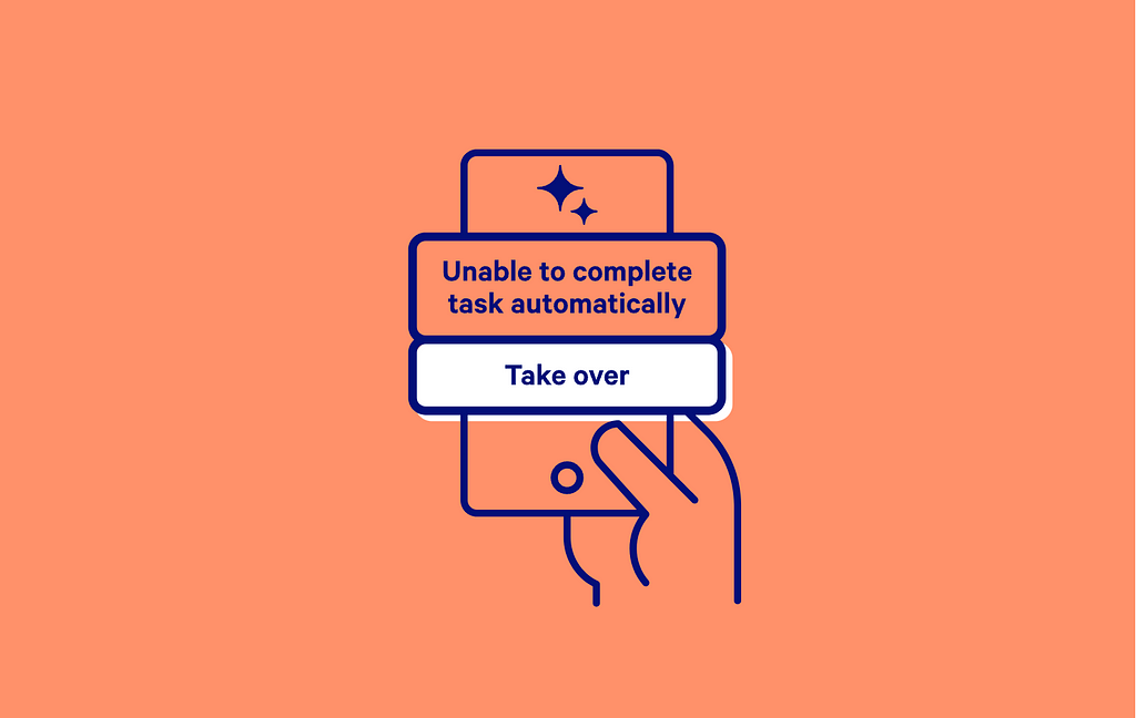 A dialogue showing an AI system reporting ”Unable to complete task automatically” with an option for the user to takeover.