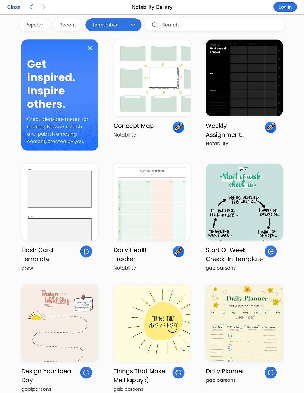 The Notability Gallery, filtered to show shared notes that have been tagged as “Templates.” Visible templates include a Concept Map, a Daily Health Tracker, etc.
