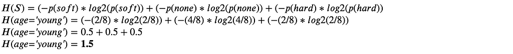Equations showing the calulation of entropy for where the age feature is equal to ‘young.’ Results in a value of 1.5.
