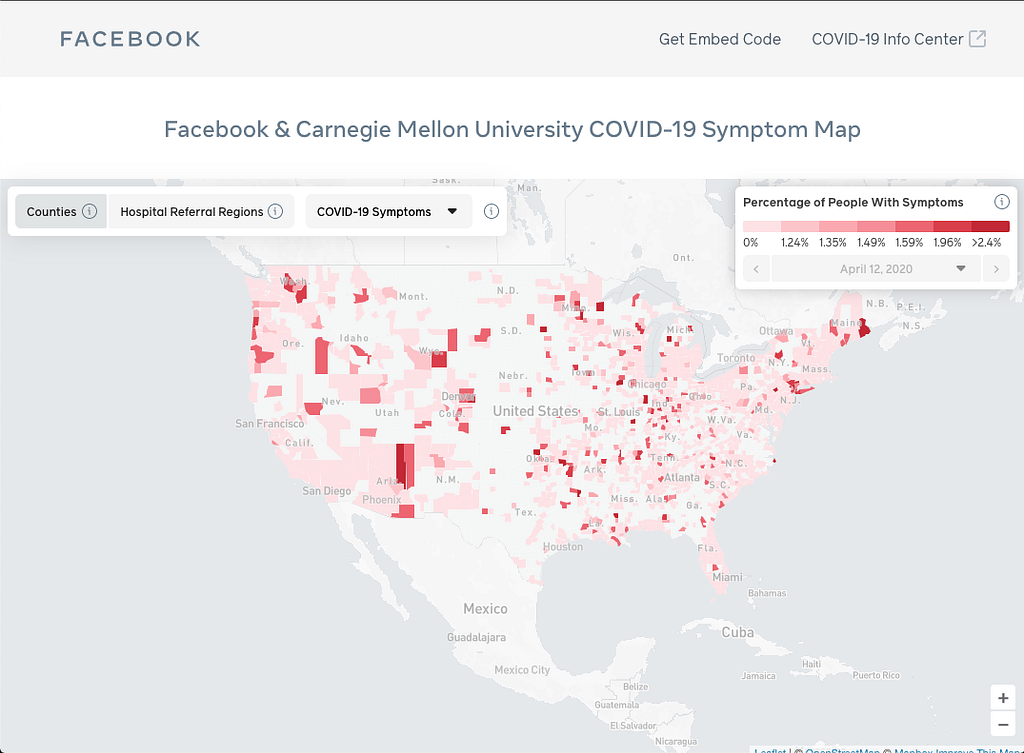 A screenshot of the Facebook & Carnegie Mellon COVID-19 Symptom Map