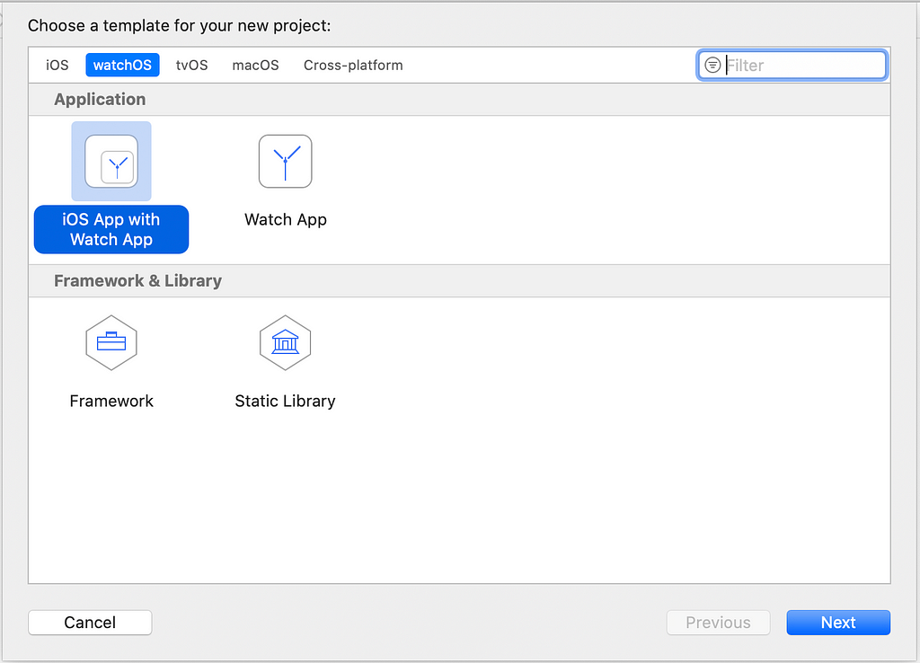 A dialogue window showing the user selecting iOS App with With Watch App from the application menu.