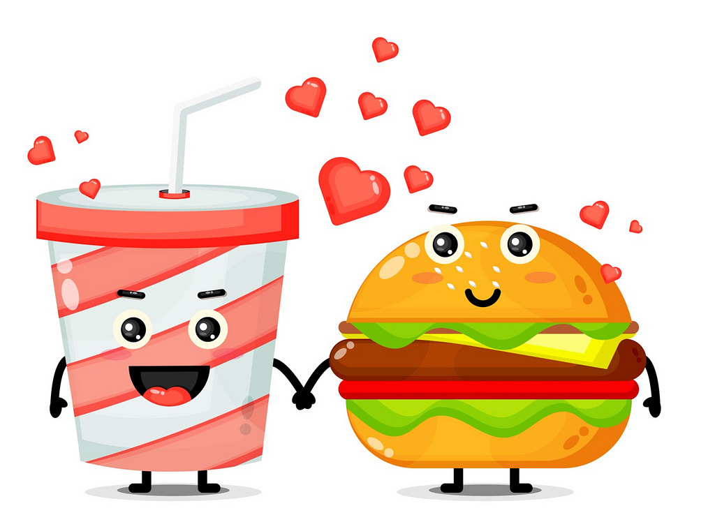soda and burger falling in love