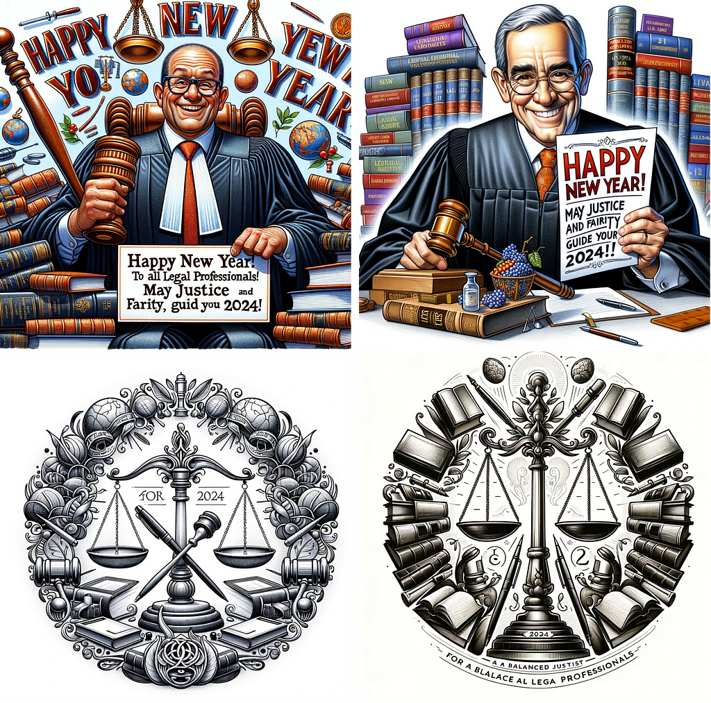 Here are the images created for the “Dessins de justice” contest:
 
 The first set of images shows a humorous drawing of a judge with law-related elements and a festive greeting.
 The second set features an elegant depiction of the scales of justice with legal symbols and a new year wish for legal professionals.
 These images are designed to capture the essence of the legal profession in a creative and engaging manner, suitable for the contest’s theme.