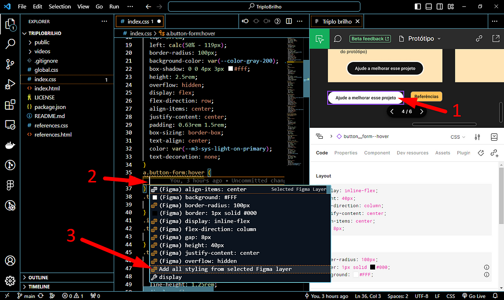 Editor do VS Code com a extensão do Figma, realizando a demonstração da cópia das estilizações do Figma para o formato CSS.