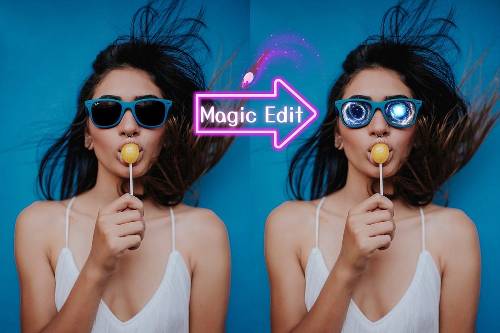 Using Canva Magic Edit to add galaxy into a picture of a pair of sunglasses worn by a woman with lollipop.