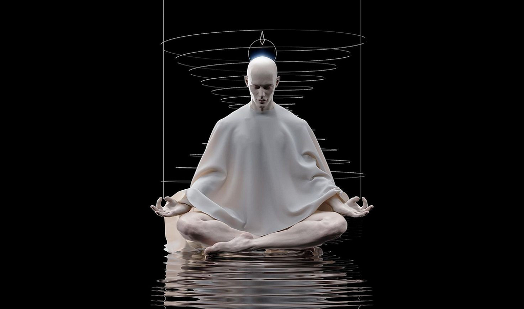 A very pale, almost white, androgynous person wearing a white tunic, sitting crosslegged on the floor, their arms touching their knees and their index and thumb curcled together like in a meditative yoga pose. The background is pitch black, the same as the floor, there’s no perspective, but ripples underneath the person, as if they’re sitting in shallow water.