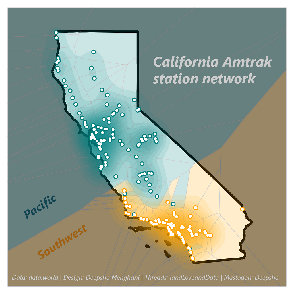 California state map with Amtrak station location as points