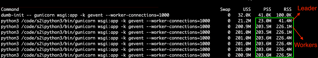 Command line output: Service with no preload: Worker PSS mem = ~203MB