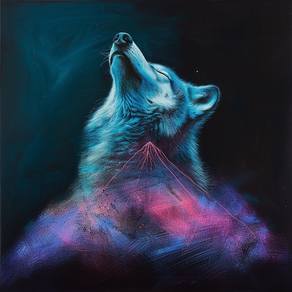 Chalk art, a wolf and mountain, dark sky-blue, light navy and violet