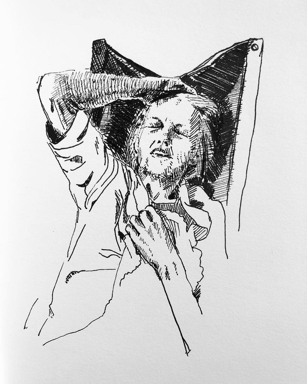 Black and white pen drawing of an old woman in her wheel chair, clutching her chest and her hair.