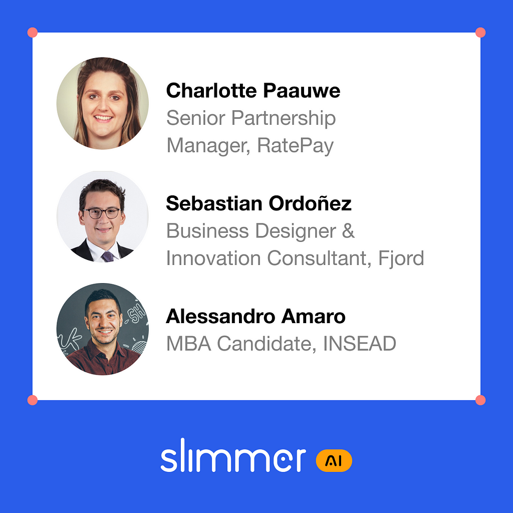 Slimmer AI branded image of 3 MBA interns, Charlotte, Sebastian, and Alessandro.